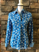 Blue Retro Cowboy Print Ladies Western Shirt